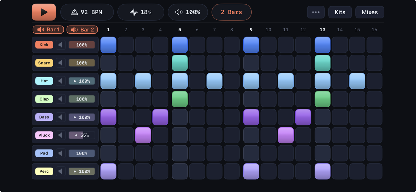 Pulse 8-track step sequencer in 2-bar mode