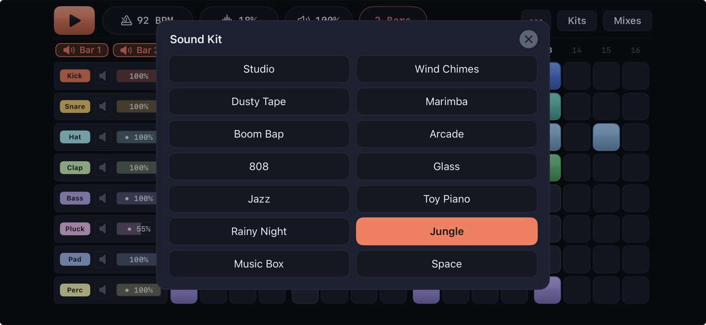 Pulse sound kit picker — 14 synthesized drum kits