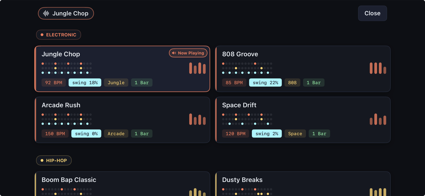 Pulse preset browser — browse built-in grooves by genre
