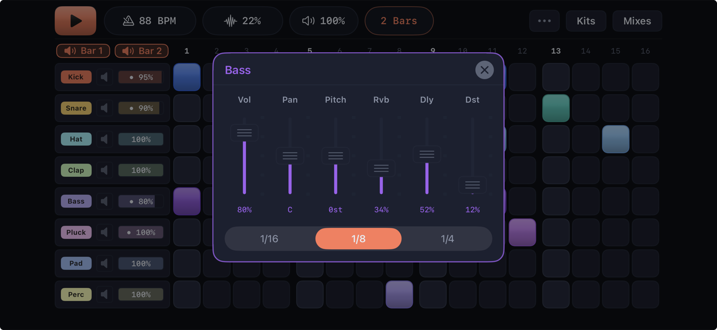 Pulse per-track controls — volume, pan, pitch, reverb, delay, distortion